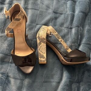 BCBG Black and Cream Strappy Heels
